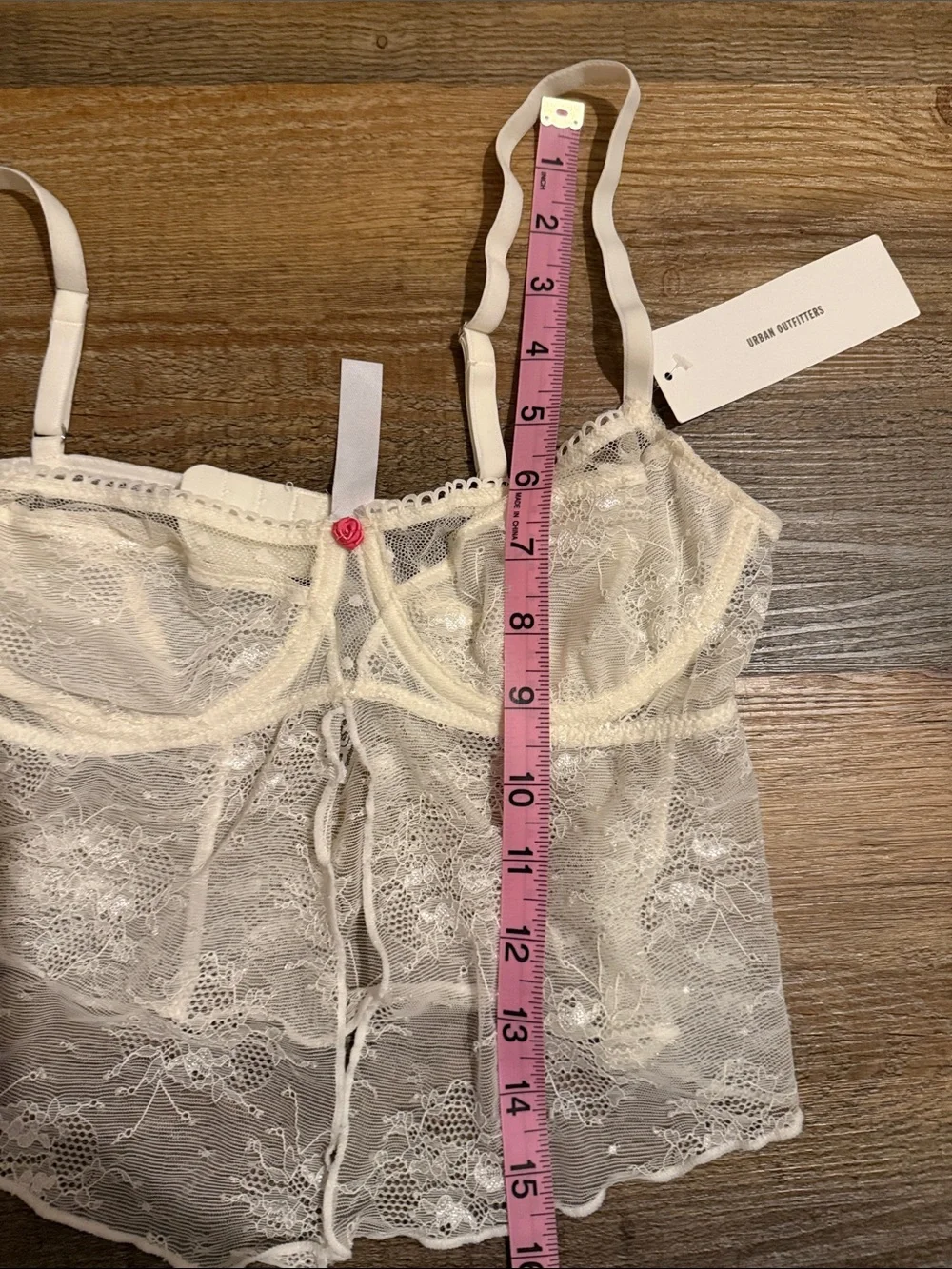 Urban Outfitters Ivory Sheer Lace Babydoll Chemise with Pink Accent